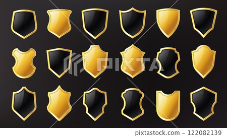 Golden shield badges. Realistic luxury metal trophy 3d frame, blank heraldic armor emblem for award label crest medieval design, antique royal aristocratic decor. Vector safety icons set 122082139