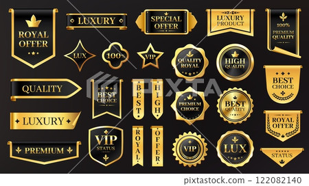 Premium golden label. Luxury quality badges and sale stickers for product packaging, exclusive shiny gold ribbon and stamp icons. Vector glossy certificate seal collection 122082140