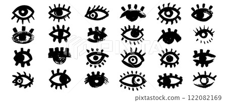 Bold brush eyes. Doodle eye icons, geometric simple mystic human eyeball brush abstract shapes, creative retro hand drawn brushstroke elements. Vector isolated set Bold brush eyes. Doodle eye icons, geometric simple mystic human eyeball brush abstract shapes, creative retro hand drawn brushstroke elements. Vector isolated set 122082169