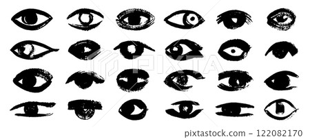 Brush drawn eyes. Eyeball abstract doodle bold eye icons created with brush, vintage geometric greek esoteric symbols, modern cute retro elements. Vector isolated set Brush drawn eyes. Eyeball abstract doodle bold eye icons created with brush, vintage geometric greek esoteric symbols, modern cute retro elements. Vector isolated set 122082170