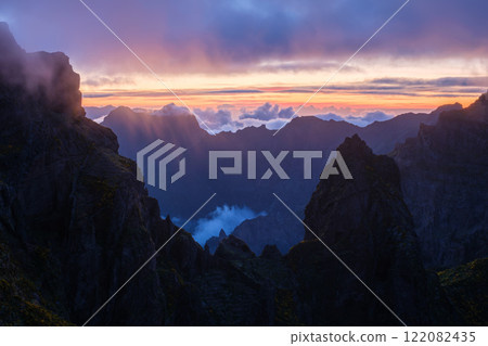 Mountains on sunset covered in fog and clouds. Madeira island, Portugal 122082435
