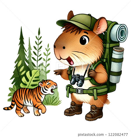 Adventurous capybara explorer with a tiger in nature. Camping cartoon concept 122082477