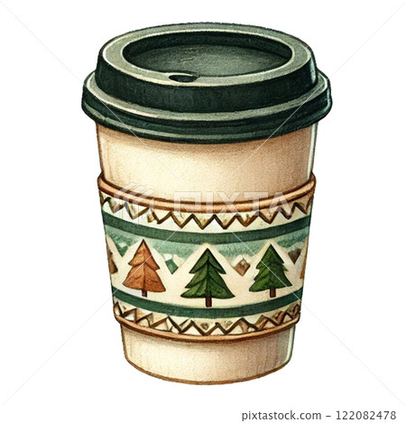 Artistic coffee cup with winter-themed design and greenery. Camping cartoon concept 122082478