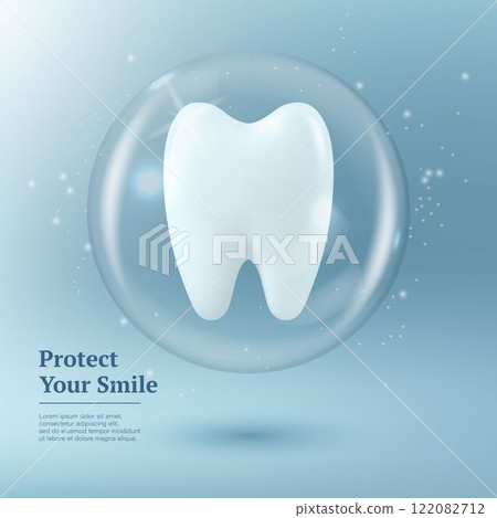 Protect Your Smile. Vector 3D Realistic Tooth in a Protective Bubble Isolated on a Blue Background. Design Template, Clipart, Mockup. Dentistry, Healthcare, Medical, Hygiene, Protection Concept 122082712