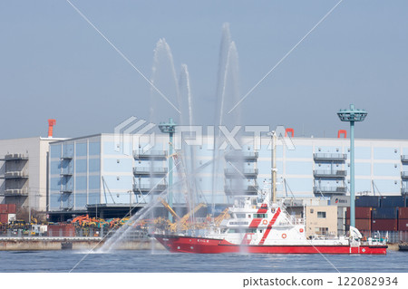 Fireboat Maishima spraying water 122082934