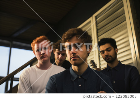 A group of four serious and concerned young men, dressed in stylish outfits. 3 guys stand together, staring off into the distance with melancholic expressions on their faces. AI-generated A group of four serious and concerned young men, dressed in stylish outfits. 3 guys stand together, staring off into the distance with melancholic expressions on their faces. AI-generated 122083003