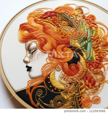 An embroidered portrait of a stylish European woman, isolated on white fabric in a tambour. A pretty redheaded lady with a dreamy expression on her face. AI-generated 122083066