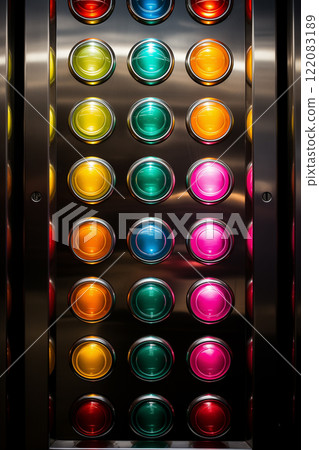 A close-up of a colorful, modern control panel featuring many colorful buttons. Rows of electronic, luminous round buttons, operating machinery and appliances in an industrial setting. AI-generated 122083189