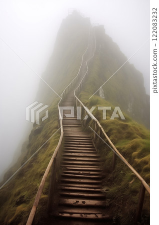 Rickety, old staircase climbing a mountain in dense fog. Beautiful landscape with wonky wooden steps up the hill. AI-generated 122083232
