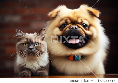 A close-up front portrait of a cat and a dog hanging out together. Two adorable furry companions chilling at home.  AI-generated 122083242