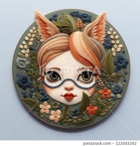 An embroidered portrait of an anthropomorphic fox girl surrounded by delicate wildflowers. Floral patterns frame a woman charming face with animal ears. A beautiful textile design within an embroidery 122083262