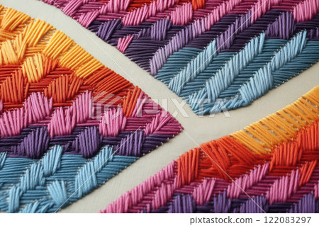 A close-up of abstract colorful embroidery. Blue, orange and purple stitches on decorative embroidered textile. AI-generated 122083297