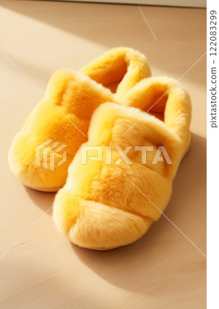 A pair of comfortable furry slippers in the morning. A close-up of yellow shoes made of fur. AI-generated 122083299