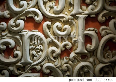 A white plaster bas-relief of letters and shapes on an orange wall. A close-up of abstract decorative elements of an artwork. AI-generated 122083300