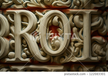 A close-up of intricate Latin letter bas-relief on an ancient wall. Decorative 3D text, architectural detail. Inscription in capital letters. AI-generated 122083301