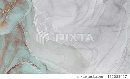 Vibrant alcohol ink abstract artwork showcasing fluid movement and color blending 122083437