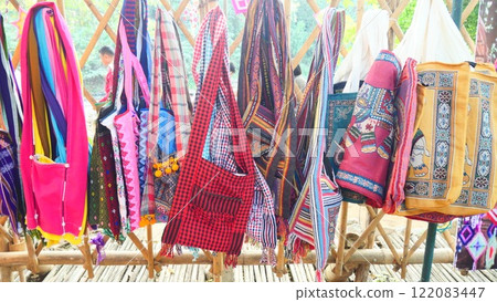 Handmade fabric bag in an ancient Asian tribal style 122083447