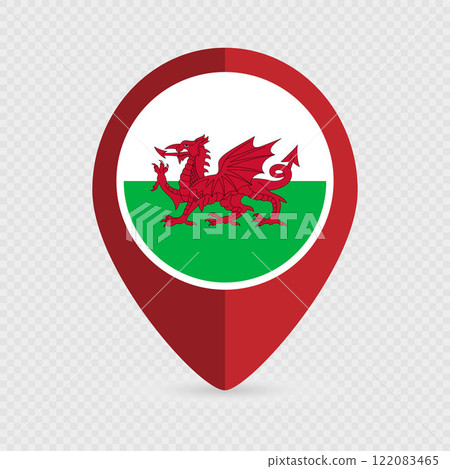 Map pointer with Wales flag. Vector illustration. Map pointer with Wales flag. Vector illustration. 122083465