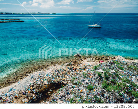 Rubbish pollution dump in Maldive island. Drone view 122083505