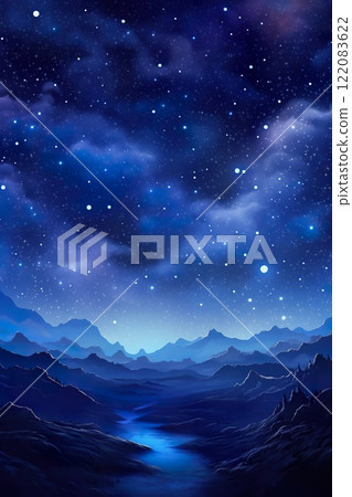 mountains and dark night sky with stars landscape, background in style of blue and purple 122083622