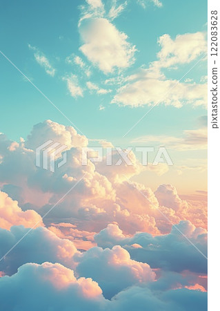 idyllic heaven with purple and pink fluffy colorful clouds, soft and pastel cloudscape with natural light background 122083628