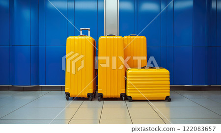 set of baggage bags in airport, colorful luggage cases, travel and vacations concept, flight journey destinations wallpaper 122083657