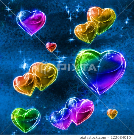 Seamless pattern with rainbow hearts on the colorful vivid background. 122084010