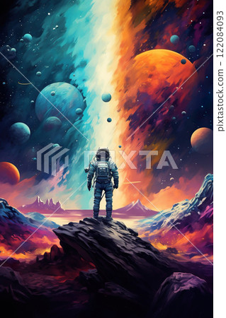 colorful illustration of astronaut in space suit and helmet exploring alien planet with mountains and stars and moons on night sky, astronomy concept colorful illustration of astronaut in space suit and helmet exploring alien planet with mountains and stars and moons on night sky, astronomy concept 122084093