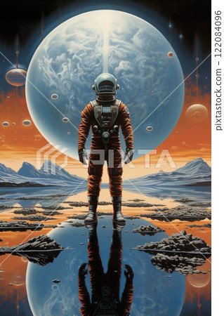 colorful illustration of astronaut in space suit and helmet exploring alien planet with mountains and stars and moons on night sky, astronomy concept colorful illustration of astronaut in space suit and helmet exploring alien planet with mountains and stars and moons on night sky, astronomy concept 122084096