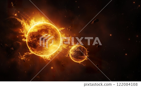 orange burning planet in open space, planet collapse in outer cosmos, astronomy concept orange burning planet in open space, planet collapse in outer cosmos, astronomy concept 122084108
