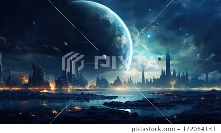 far alien planet with mountain landscape and moons with stars and nebulas in sky, distant fantasy world in open space, colorful illustration far alien planet with mountain landscape and moons with stars and nebulas in sky, distant fantasy world in open space, colorful illustration 122084131