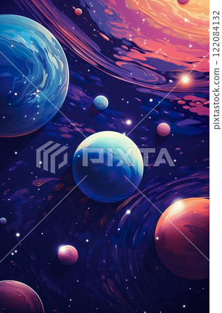colorful illustration of cosmos with planets, stars and nebulas, in style of purple and blue, cartoon astronomy concept, swirl patterns colorful illustration of cosmos with planets, stars and nebulas, in style of purple and blue, cartoon astronomy concept, swirl patterns 122084132