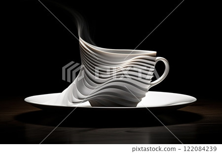 stylish white cup of tea or coffee with steam on black background, swirl and wave pattern, drink concept with elegant curve lines 122084239