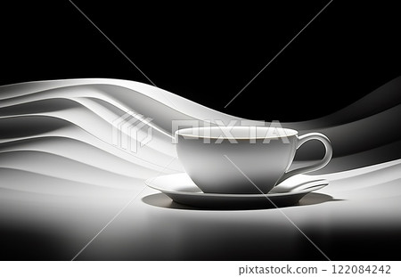 stylish white cup of tea or coffee with steam on black background, swirl and wave pattern, drink concept with elegant curve lines 122084242