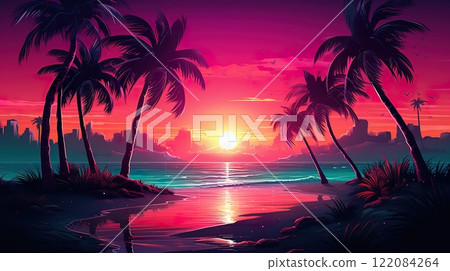 sunset at exotic tropical beach with palm trees and sea, colorful illustration in style of purple and orange nature 122084264