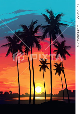 sunset at exotic tropical beach with palm trees and sea, colorful illustration in style of purple and orange nature 122084265