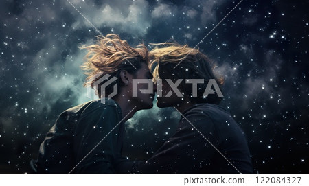 young gay couple kissing at night, romantic lgbt love and romance young gay couple kissing at night, romantic lgbt love and romance 122084327