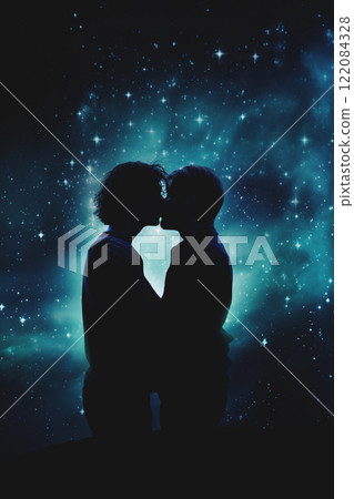 young gay couple kissing at night, romantic lgbt love and romance 122084328