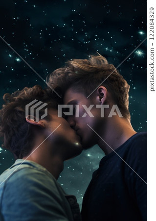 young gay couple kissing at night, romantic lgbt love and romance 122084329