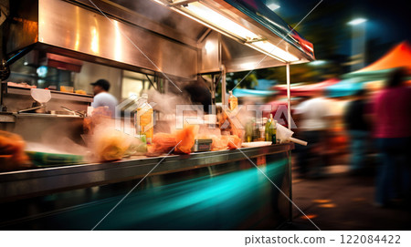 crowd of people on street food festival in summer park on sunset or at night, in style of blurred motion with bokeh crowd of people on street food festival in summer park on sunset or at night, in style of blurred motion with bokeh 122084422