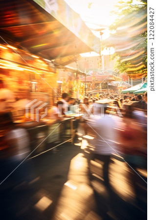 crowd of people on street food festival in summer park on sunset or at night, in style of blurred motion with bokeh 122084427