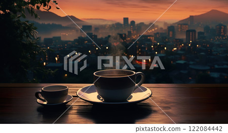 cup of hot espresso coffee or tea on table on light city skyline background with skyscrapers, mug with drink at urban sunset on terrace 122084442