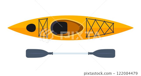 Kayak boat with paddles, top view. Orange Canoe. Raft for rafting on water. Sport rowing. Vector illustration. 122084479