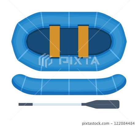 Rubber boat with paddle. Rafting extreme water sport. Fishing equipment. Inflatable rubber vessel boat. Vector illustration. 122084484