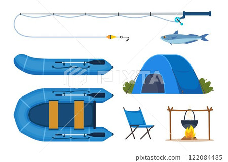 Equipment and tools for fishing. Fishing rod, float, inflatable rubber boat, landing net, fishers clothes, hook, fish, hat, flashlight, boots. Outdoor activity, recreation, hobby. Vector illustration. Equipment and tools for fishing. Fishing rod, float, inflatable rubber boat, landing net, fishers clothes, hook, fish, hat, flashlight, boots. Outdoor activity, recreation, hobby. Vector illustration. 122084485