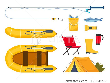 Equipment and tools for fishing. Fishing rod, float, inflatable rubber boat, landing net, fishers clothes, hook, fish, hat, flashlight, boots. Outdoor activity, recreation, hobby. Vector illustration. 122084486