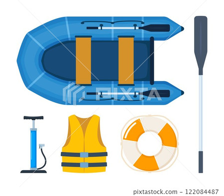 Rubber boat with paddle, pump, life jacket, lifebuoy. Rafting extreme water sport equipment. Fishing equipment. Inflatable rubber vessel boat. Vector illustration. Rubber boat with paddle, pump, life jacket, lifebuoy. Rafting extreme water sport equipment. Fishing equipment. Inflatable rubber vessel boat. Vector illustration. 122084487