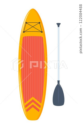 Inflatable sup board for outdoor activities and water sports. Stand up pabble board in different view. Vector illustration. 122084488