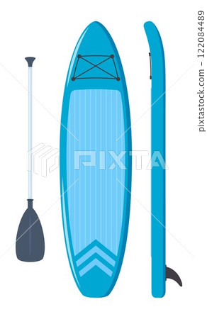 Inflatable sup board for outdoor activities and water sports. Stand up pabble board in different view. Vector illustration. 122084489
