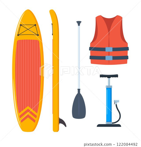 Stand Up Paddle board Accessories. Basic set for SUP. Inflatable board, paddle, life jacket, pump. Vector illustration. 122084492